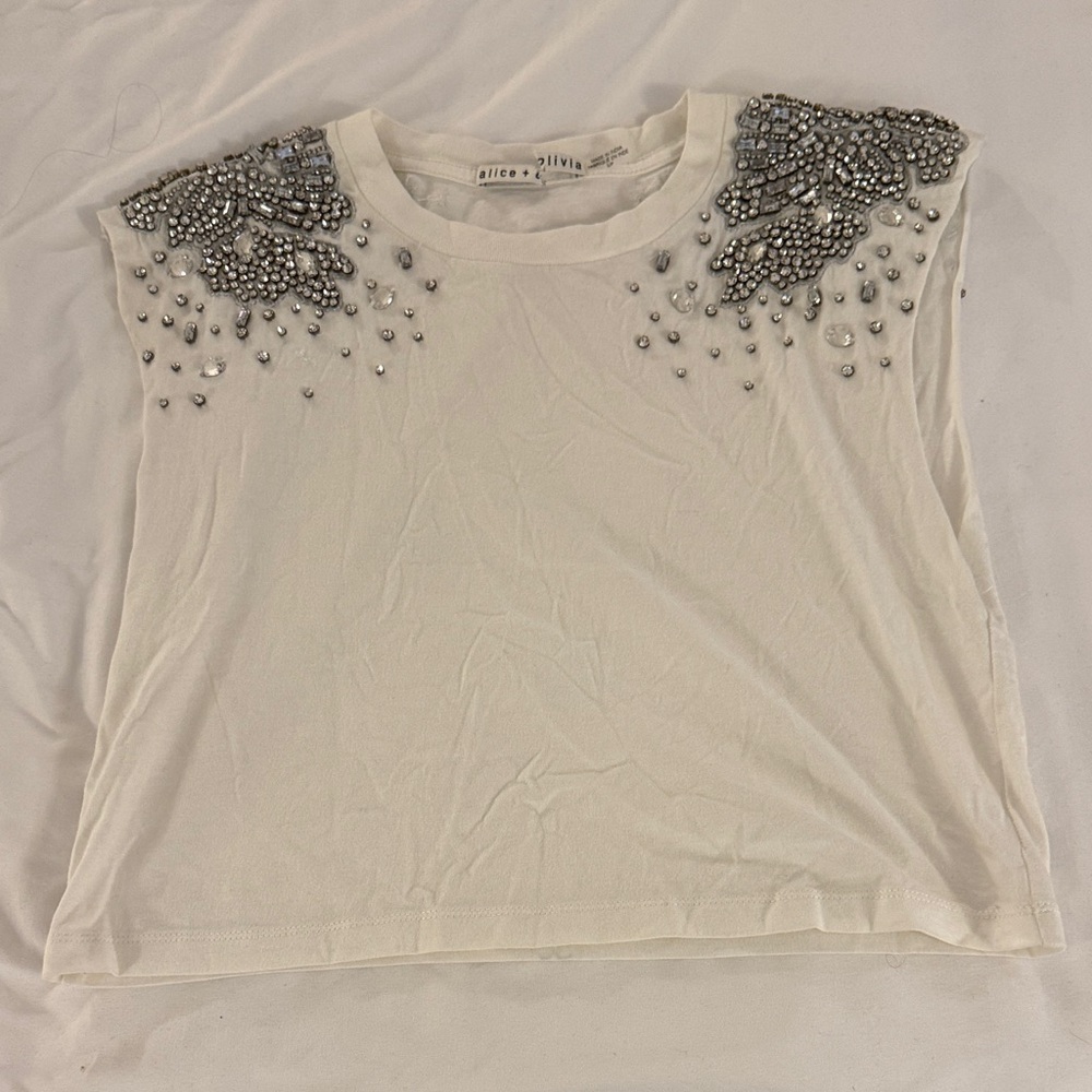 Alice + Olivia White Crop Top with Silver Bead Embellishment